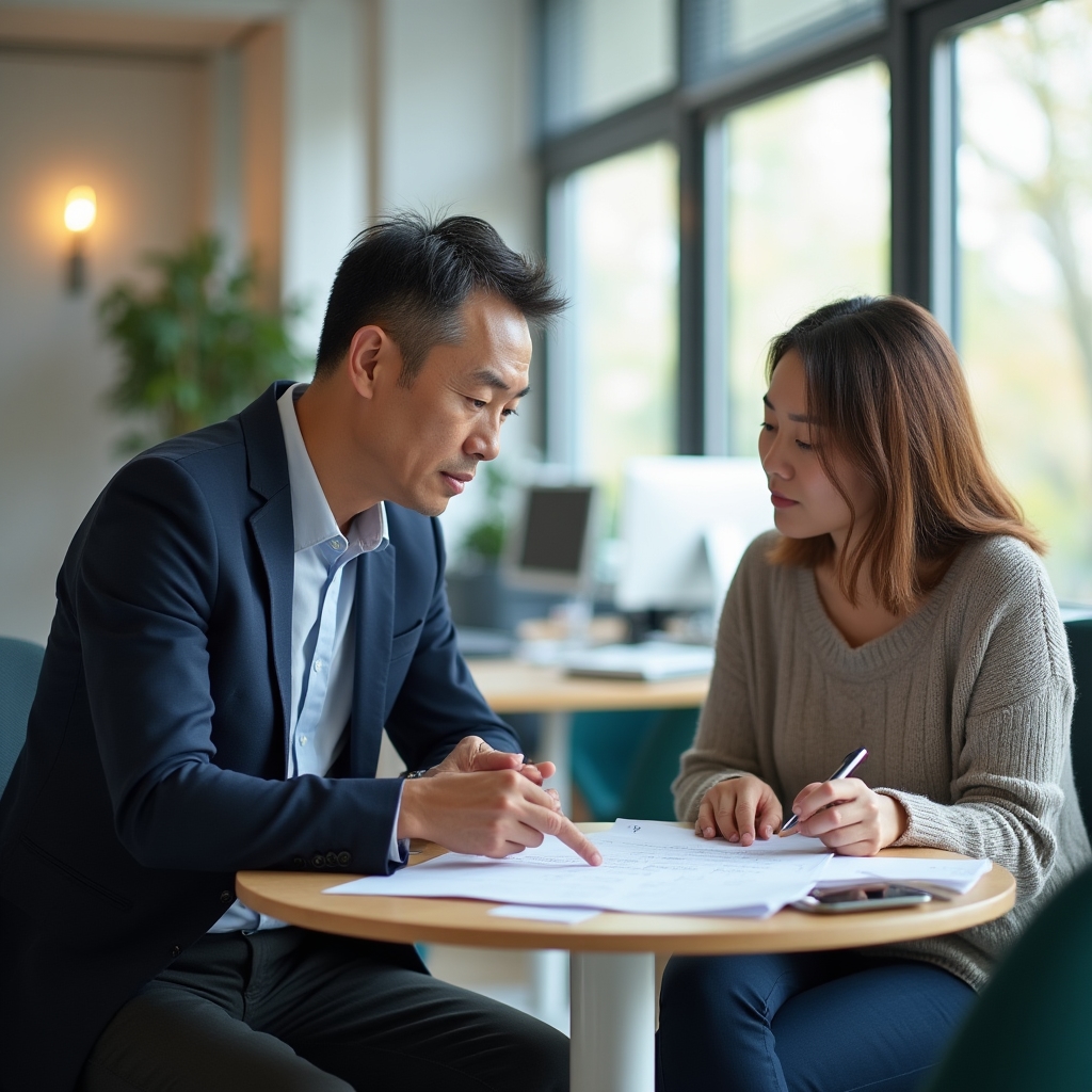 Educator explaining a bank account statement to an adult learner at a desk