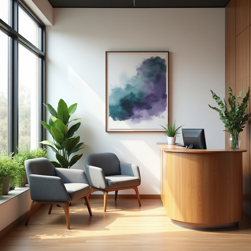 Office reception area with plants and seating in Denver, Colorado