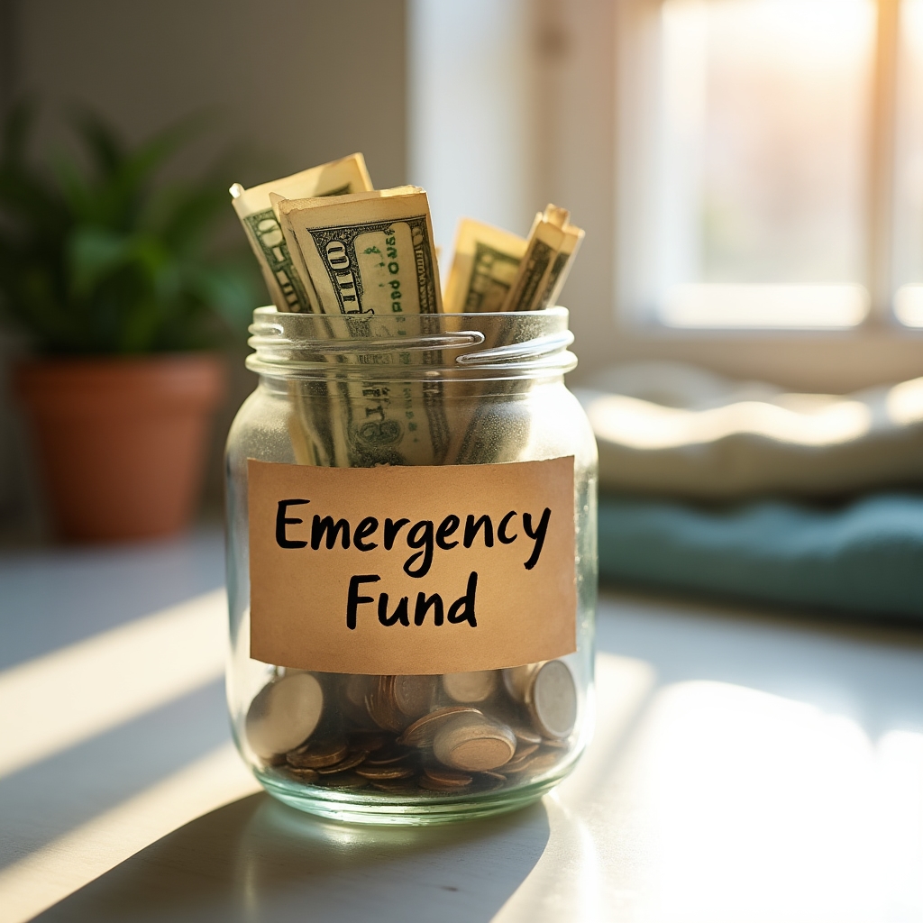 Glass jar labeled emergency fund filled with folded cash sitting on a kitchen counter