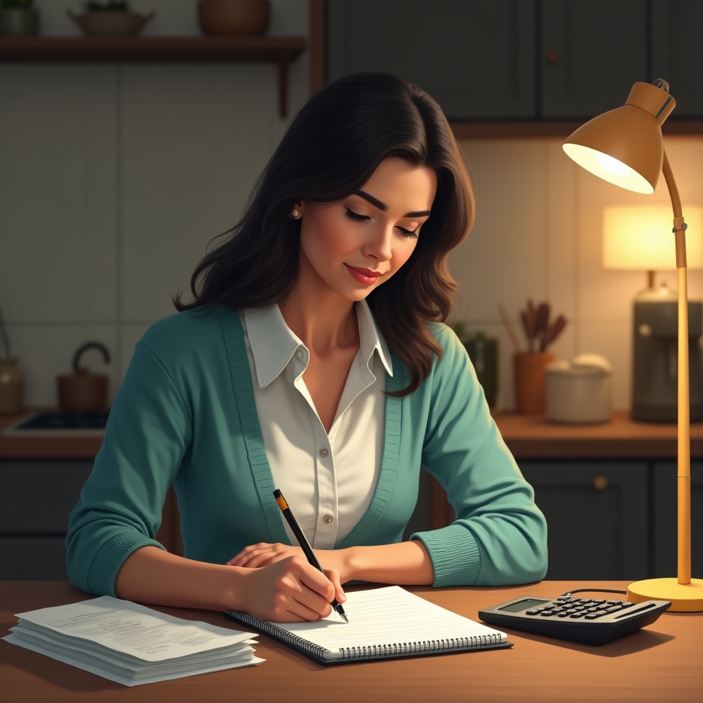 Adult reviewing a household budget at a kitchen table with notebook and calculator