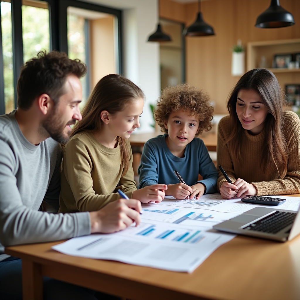 Family reviewing a monthly household budget together at a dining table
